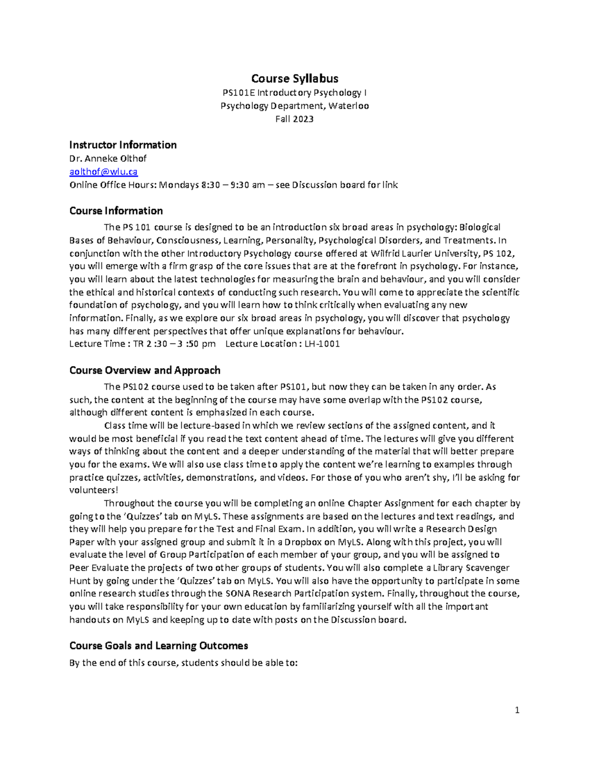 PS101 E Introductory Psychology I Course Outline - Fall 2023 - Studocu