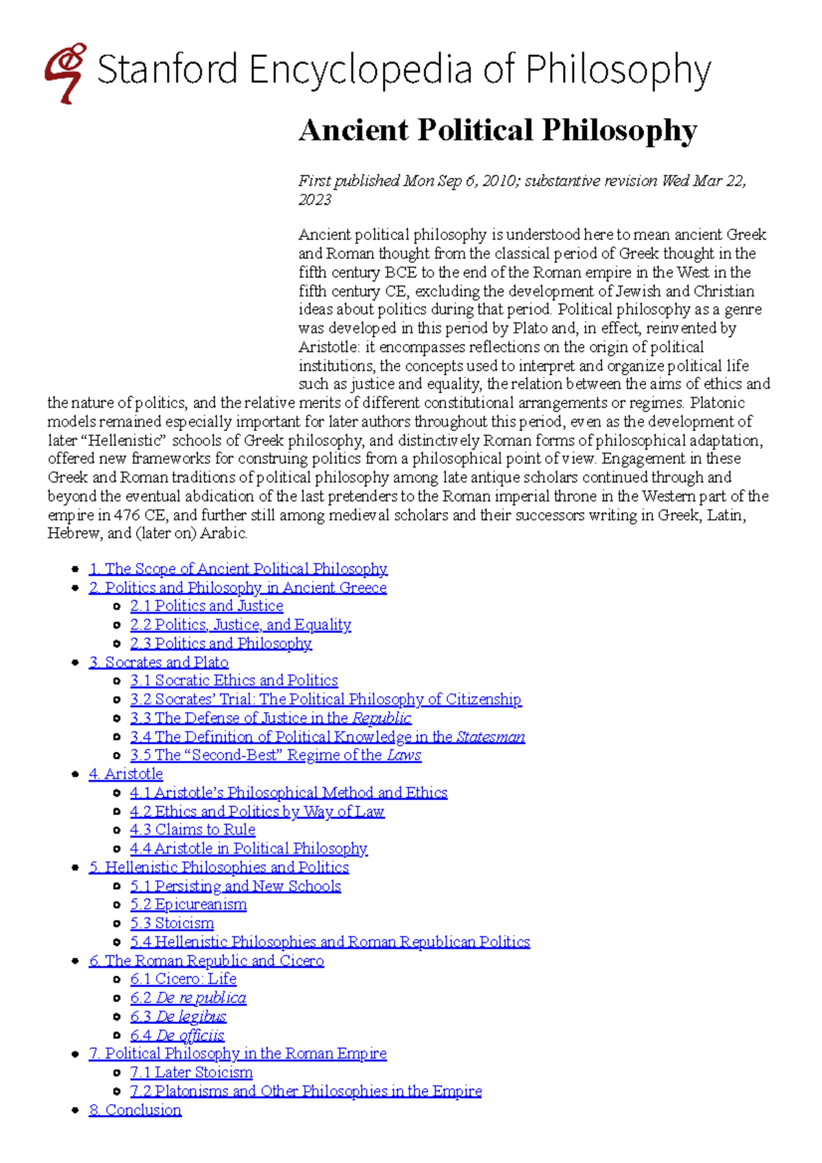Ancient Political Philosophy (Stanford Encyclopedia of Philosophy ...