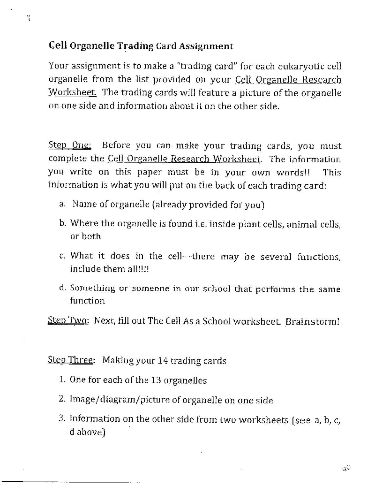 Cell organelle project - Cell Organelle Trading Card Assignment Your ...