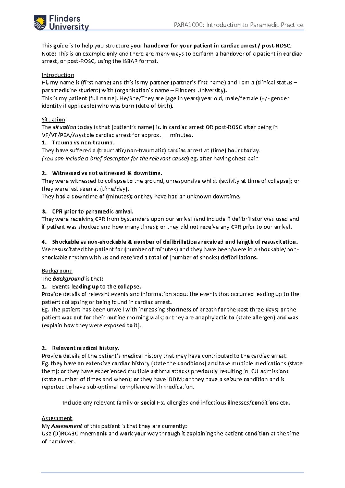 PARA1000 Cardiac Arrest Handover Guide: ISBAR Format Example - Studocu