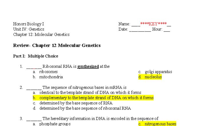 Honors Biology Unit IV: CH 12 Review Key on Protein Synthesis - Studocu