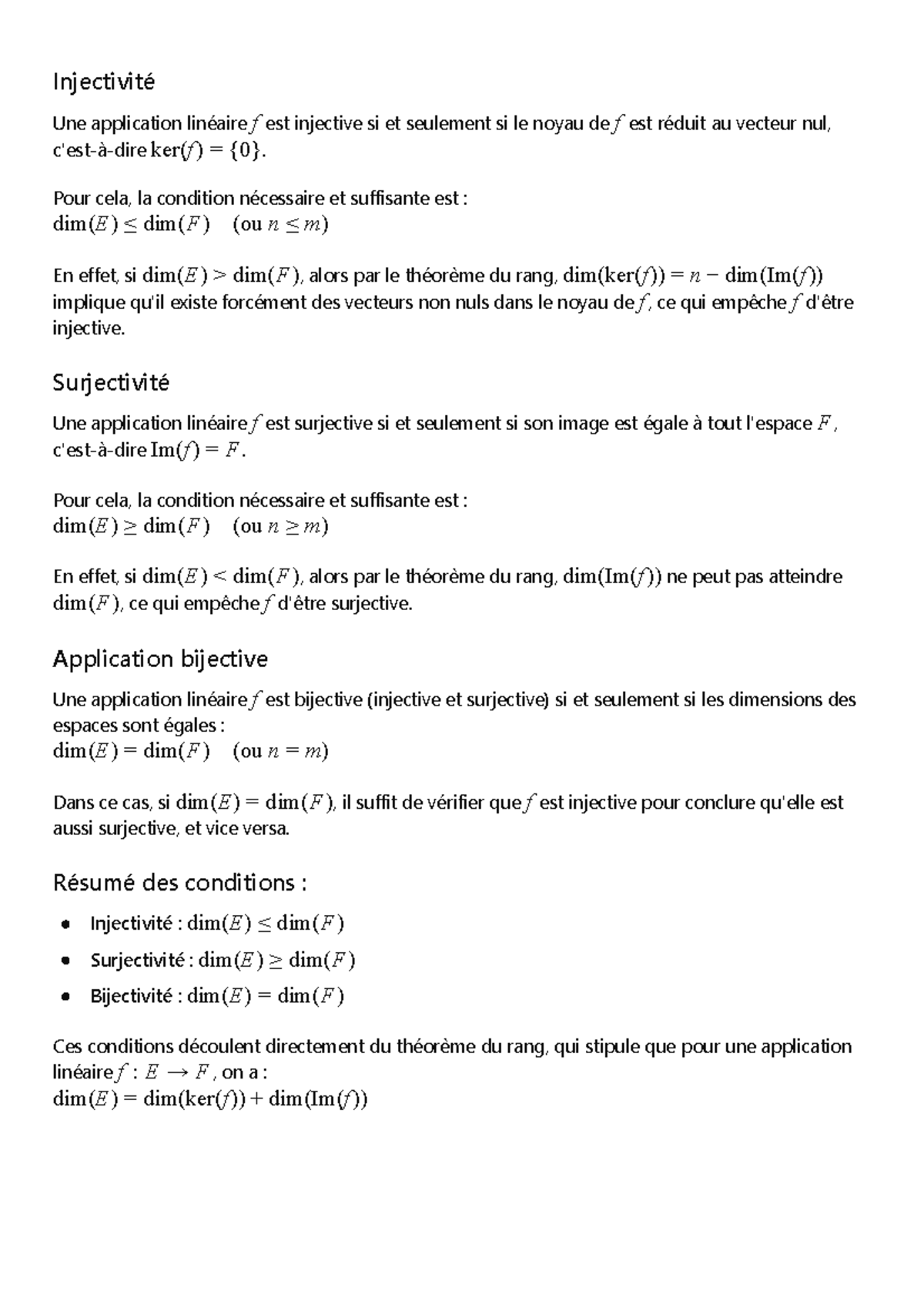 Conditions d'Injectivité et Surjectivité en Linéaire (Math 101) - Studocu