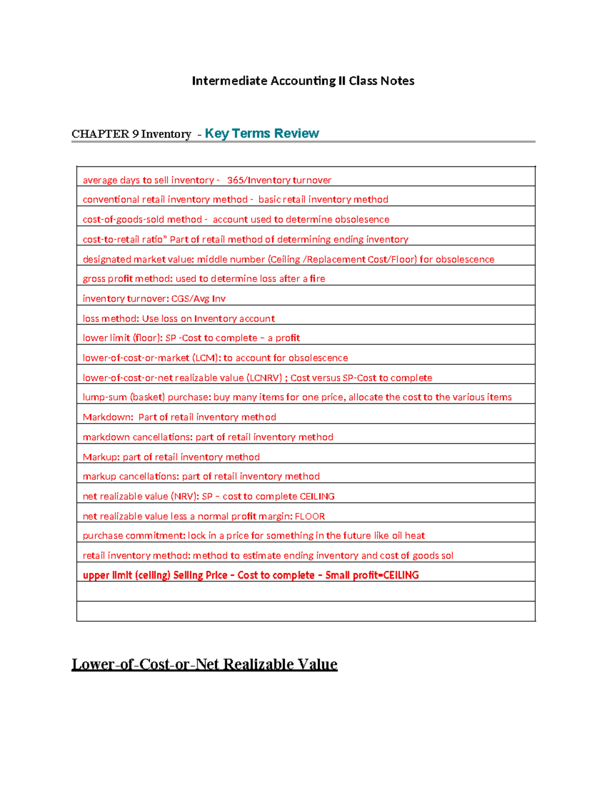 Intermediate Accounting II Class Notes: Chapter 9 Inventory Review ...