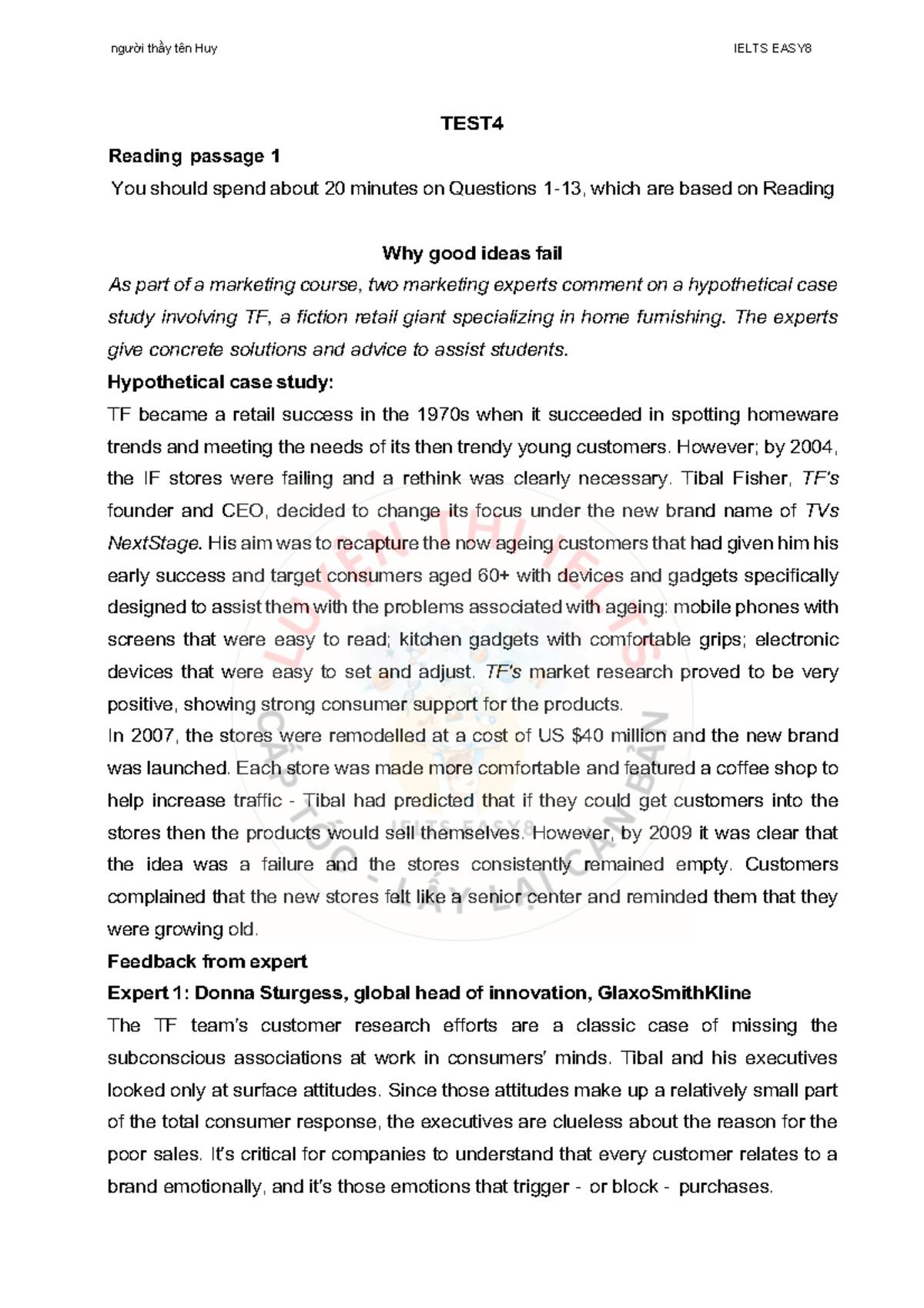 Người thầy tên Huy IELTS EASY8 Test 4 Reading Passage Analysis - Studocu