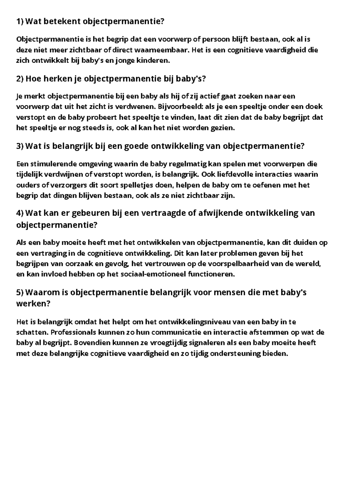 Objectpermanentie: Belang en Ontwikkeling bij Jonge Kinderen - Studocu