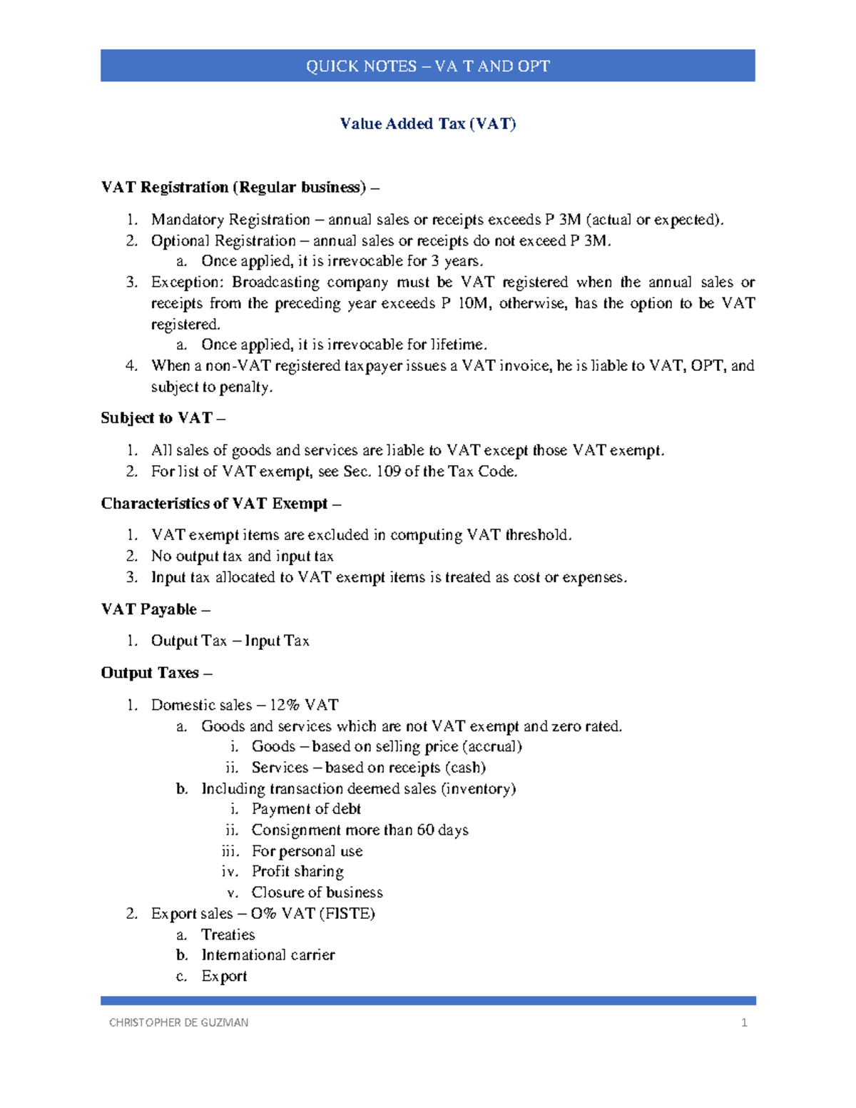 0.2 Quick Notes on VAT & OPT - Key Concepts and Overview - Studocu