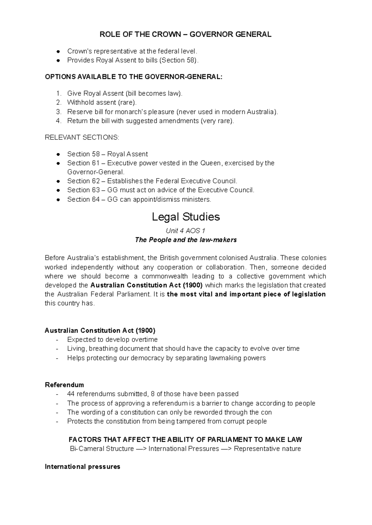 Legal Studies Unit 4 AOS 1: Role of the Crown Governor-General and ...