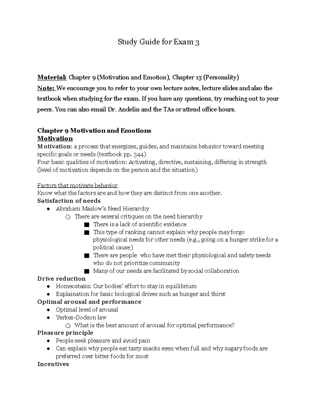 Psych 101 - Exam 3 Study Guide: Motivation, Emotion & Personality - Studocu