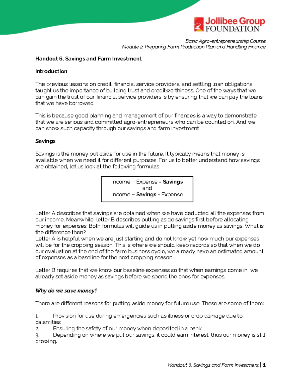 Basic Course Module 2: Savings & Farm Investment Strategies - Studocu