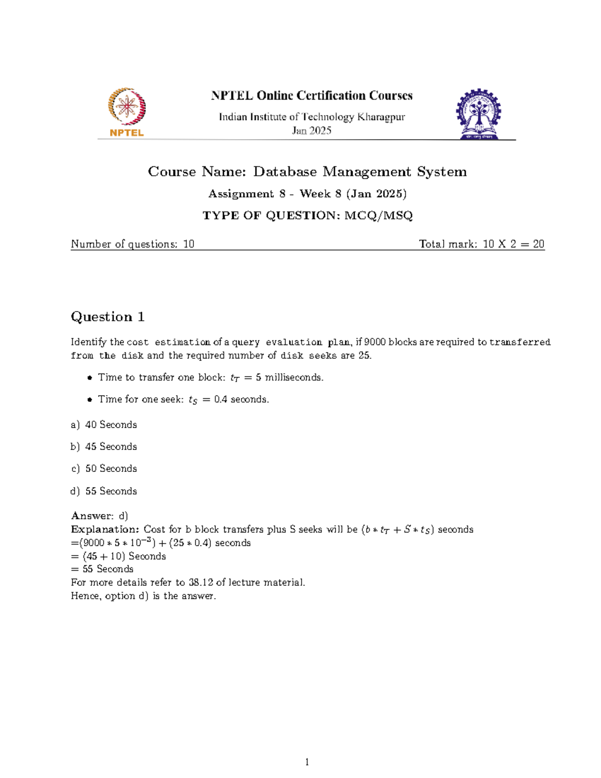 Assignment 8 Nptel DBMS January 2025 - Course Name: Database Management ...