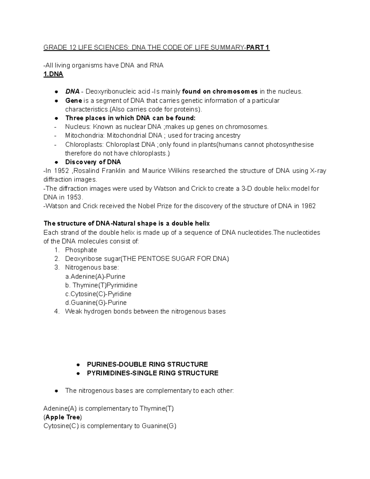 Grade 12 LIFE Sciences: DNA The Code of Life Summary - Part 1 - Studocu