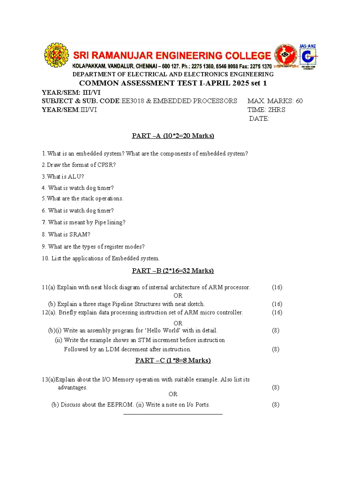 EE3018 Common Assessment Test 2025: Embedded Processors Q Set 1 - Studocu