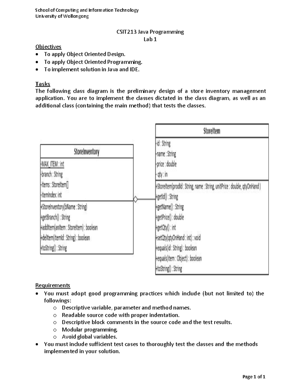 CSIT213 Java Programming Lab 1: Object Oriented Design & Implementation ...