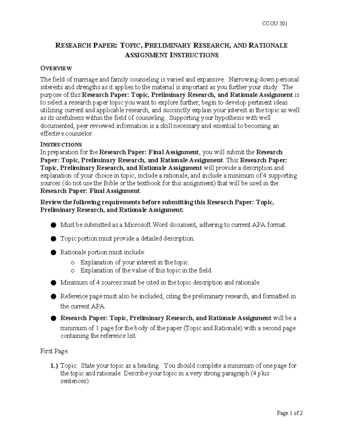 CCOU 301 Research Paper: Topic, Preliminary Research & Rationale Guide ...