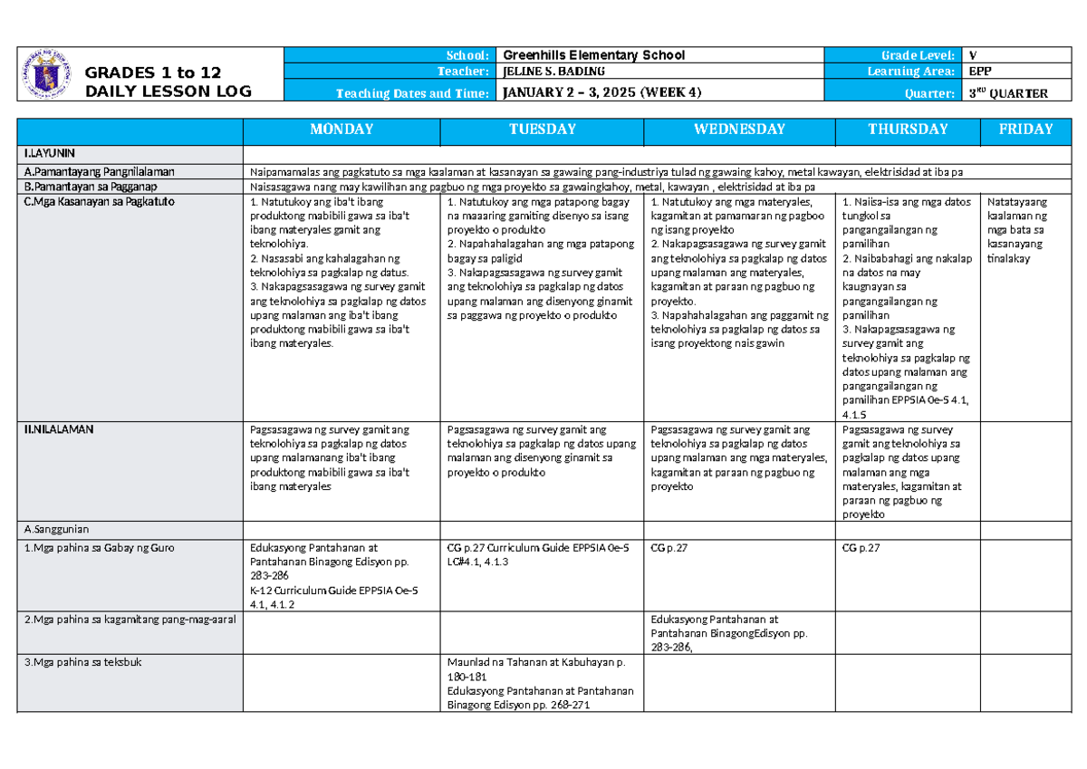 DLL EPP 5 Q3 W4 - Lecture Note - GRADES 1 to 12 DAILY LESSON LOG School ...