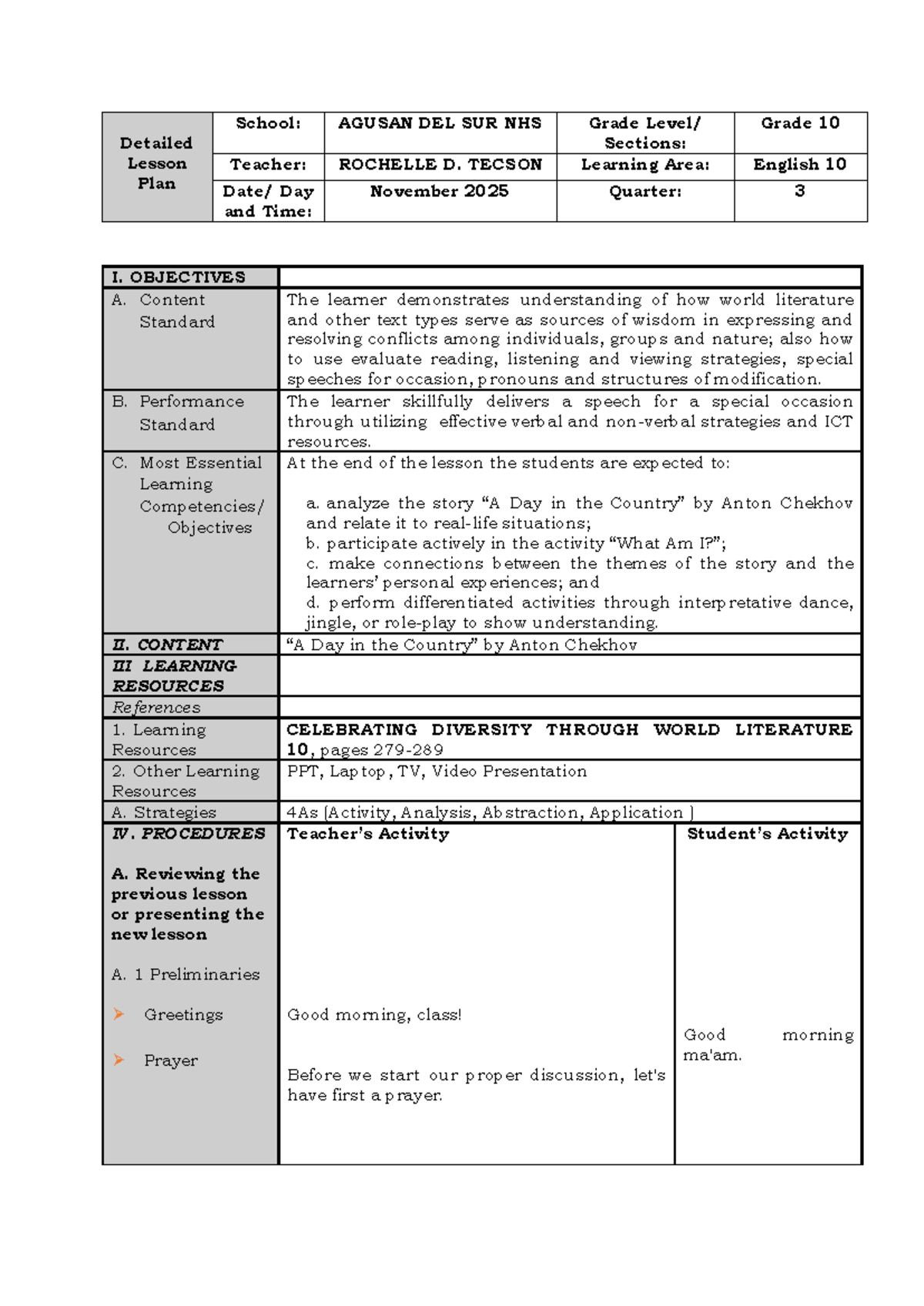 Grade 10 English 10 Lesson Plan: A Day in the Country Activities - Studocu