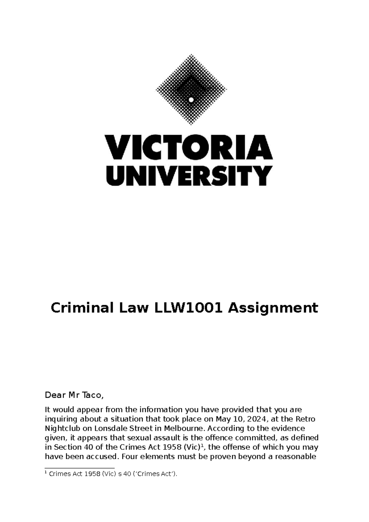Criminal Law LLW1001 Assignment: Analyzing Sexual Assault & Homicide ...