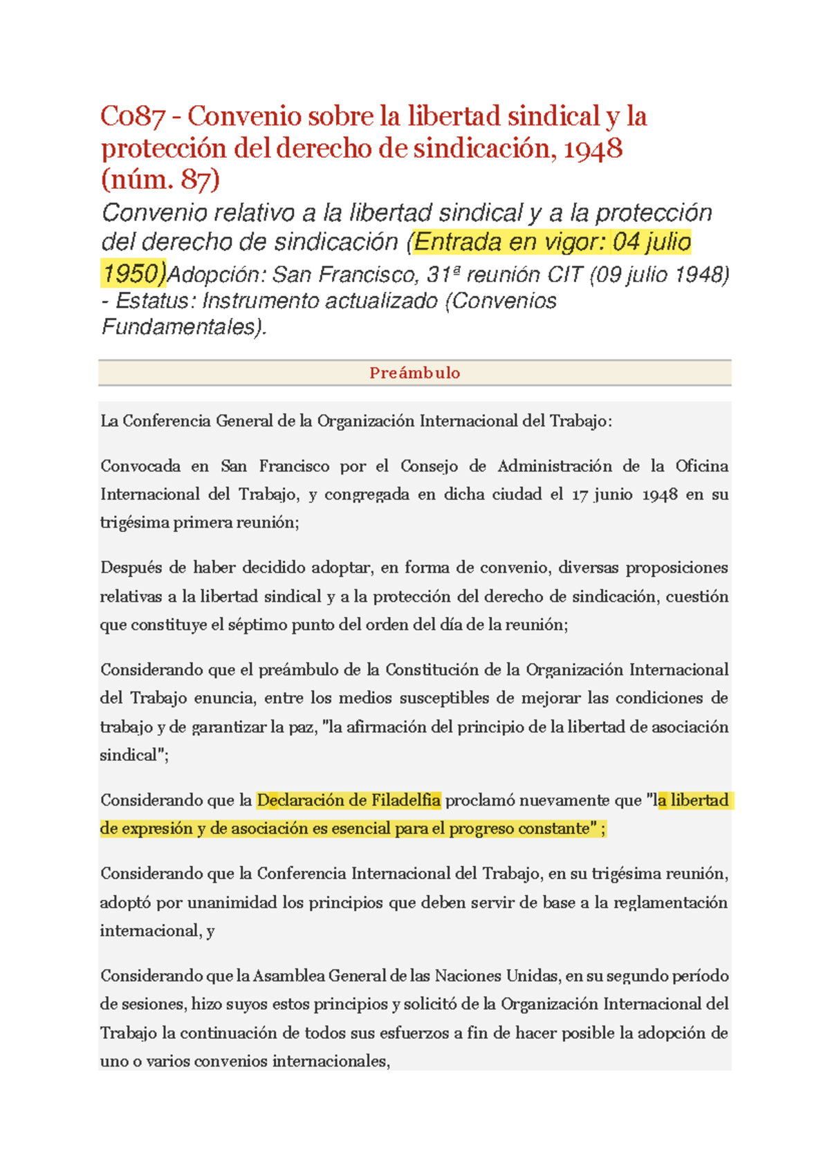 Convenio 87 OIT sobre Libertad Sindical y Protección 1948 - Studocu