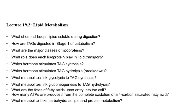 Lecture 19.2: Lipid Metabolism Overview and Key Concepts - Studocu