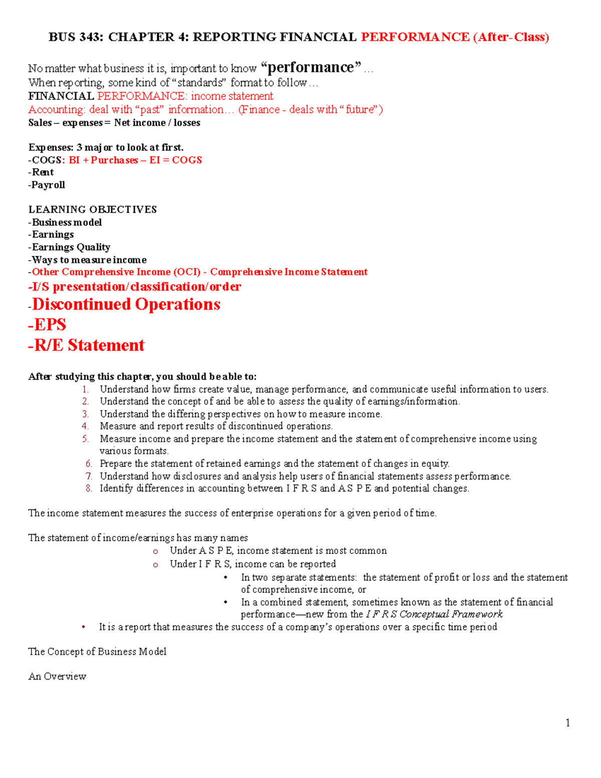 BUS 343: CHAPTER 4 LECTURE NOTES ON FINANCIAL PERFORMANCE - Studocu