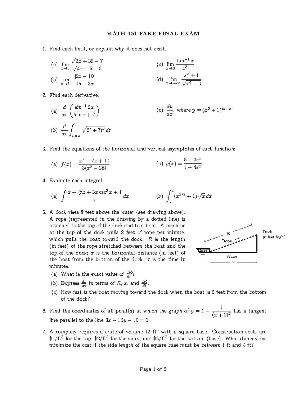 MATH 151 Practice Final Exam: Limits, Derivatives, and Integrals - Studocu