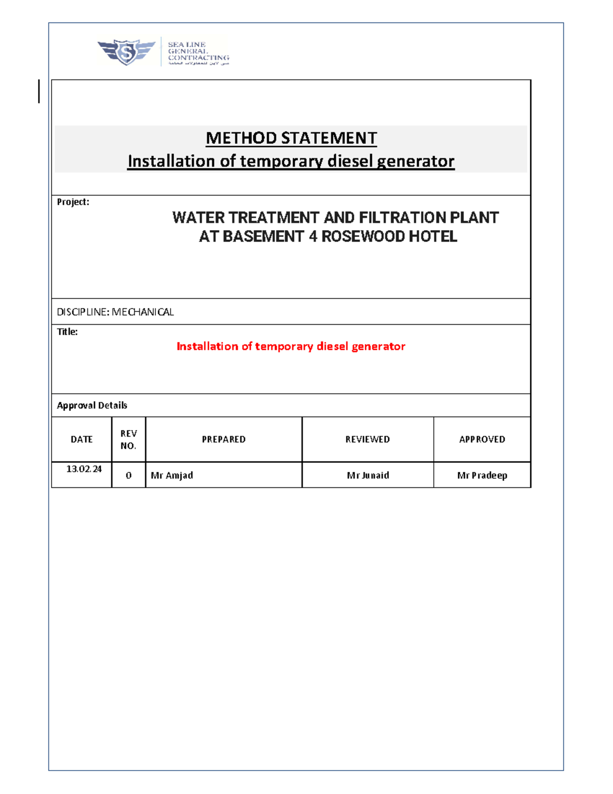 MS FOR Bewtr Treatment Plant - METHOD STATEMENT Installation of ...
