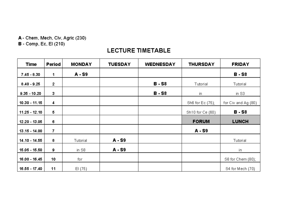 Lecture Timetable for Chem, Mech, Civ, Agric (230) & Comp, Ec, El (210 ...