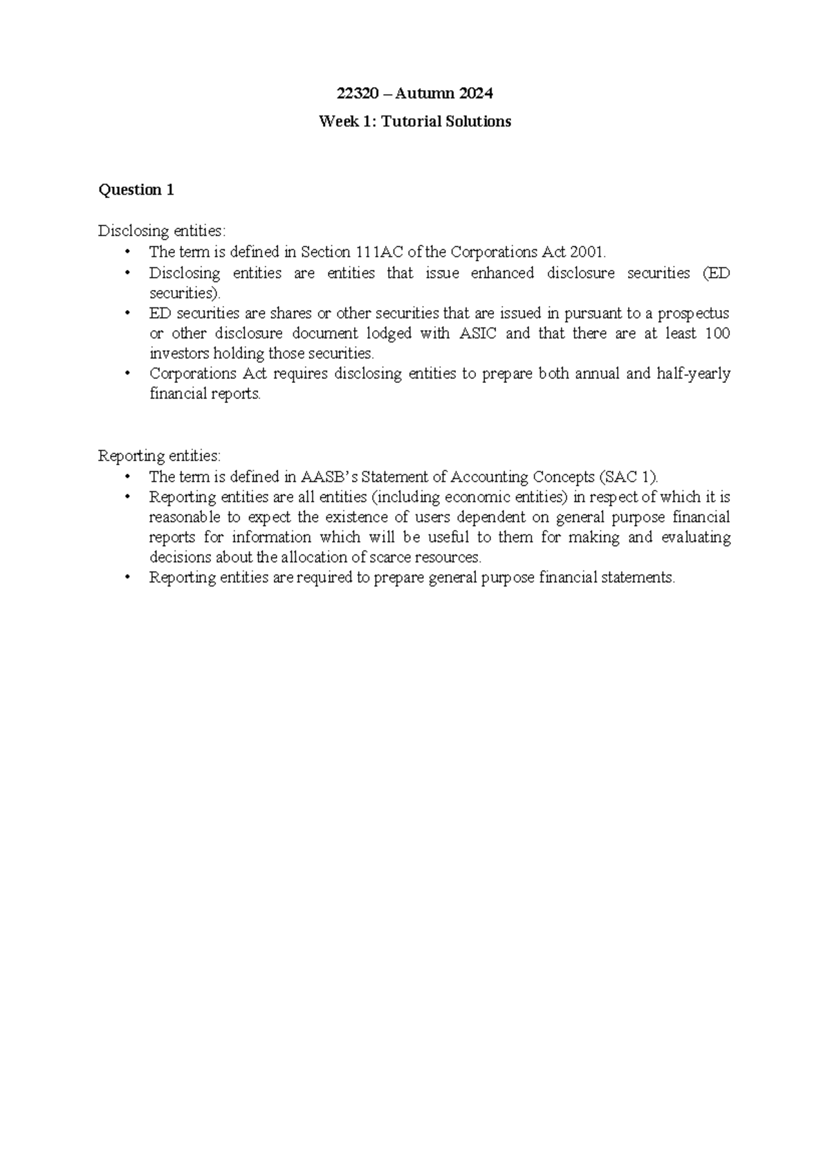 Tut 1 Answers - 22320 – Autumn 2024 Week 1: Tutorial Solutions Question ...