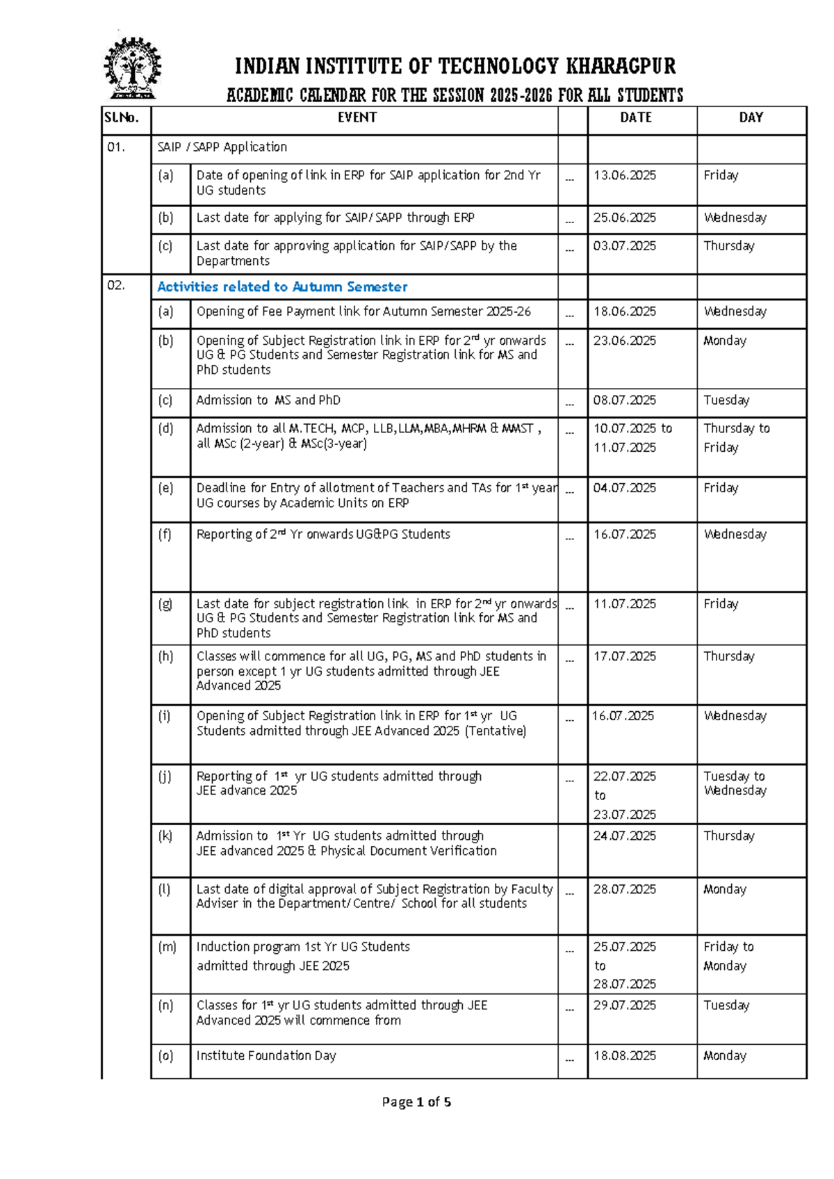 IIT Kharagpur Academic Calendar 2025-26 for All Students - Studocu