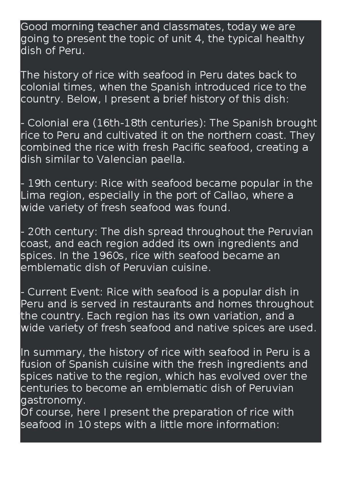 Unit 4: The History and Preparation of Peruvian Rice with Seafood - Studocu