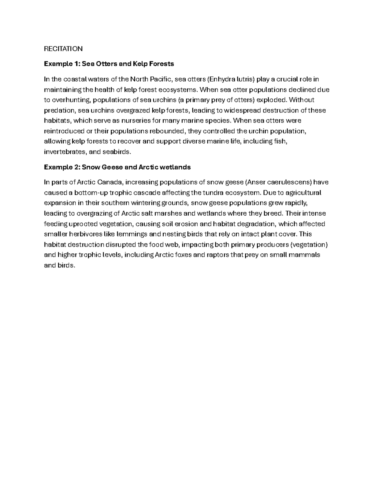 Ecology Recitation - RECITATION Example 1: Sea Otters and Kelp Forests ...