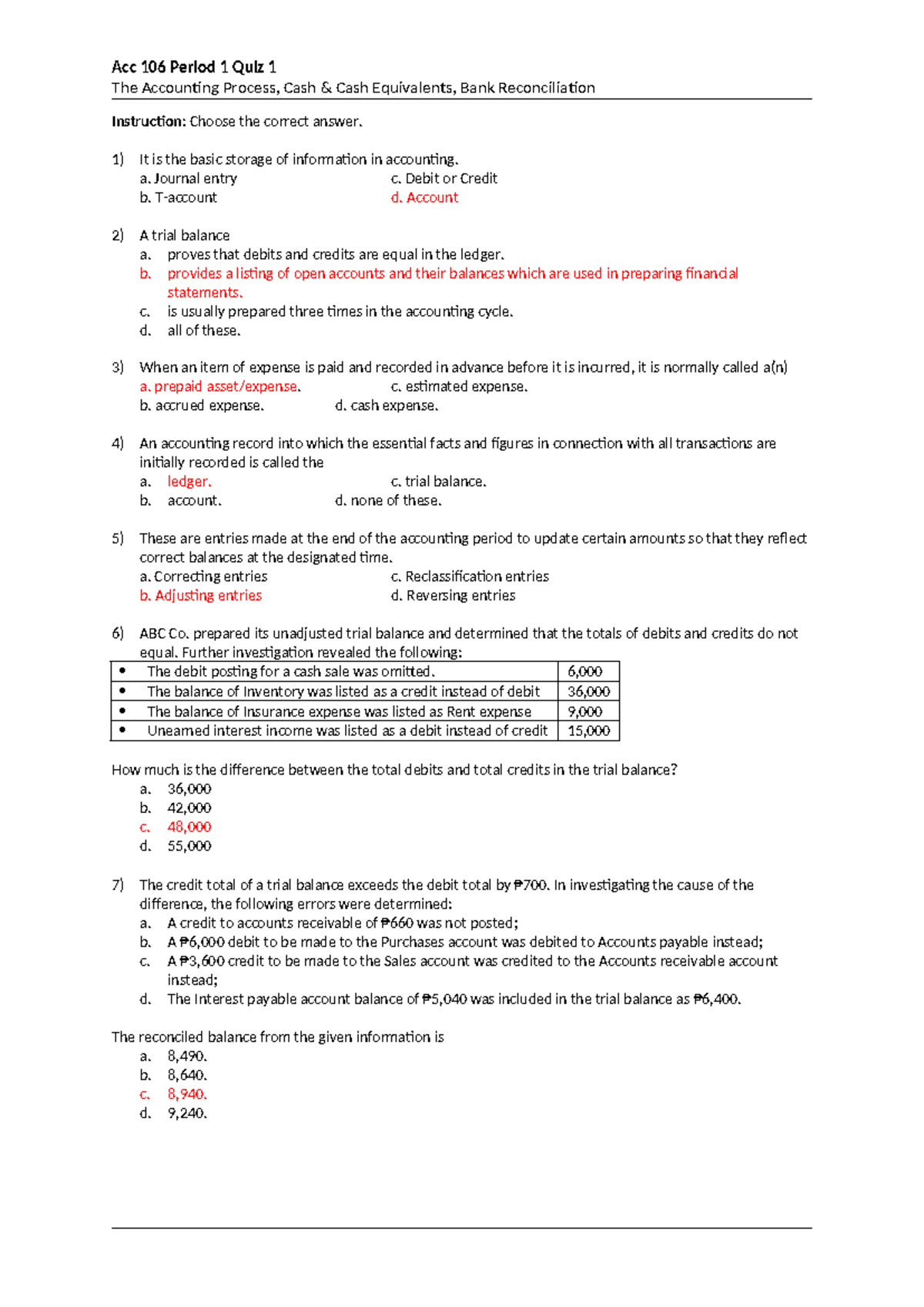 Acc 106 P1 Q1 SY2425 - Accounting Process & Bank Reconciliation Quiz ...