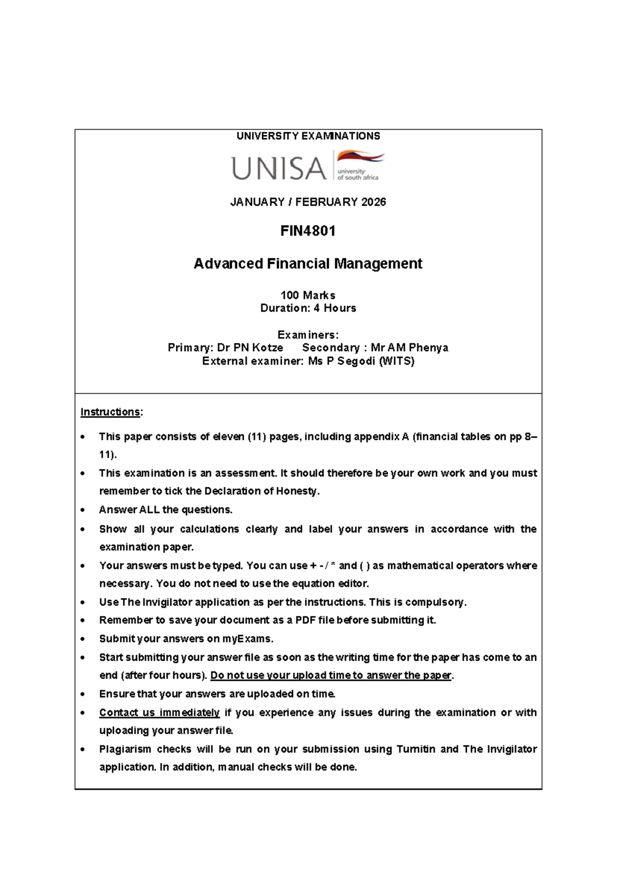 FIN4801 JF 2026 - Advanced Financial Management Exam Guide - Studocu