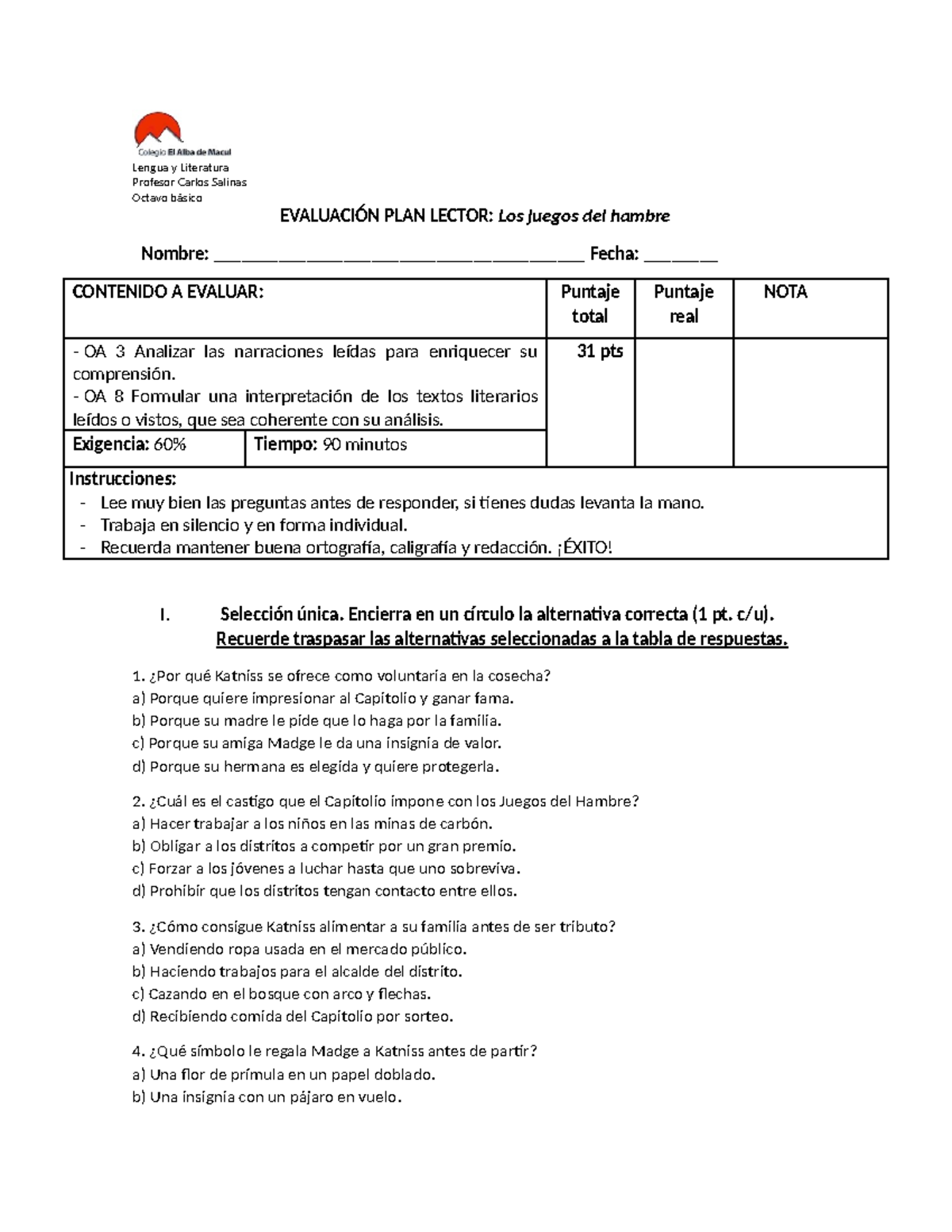 Evaluación Plan Lector: Juegos del Hambre - 8vo Básico - Studocu