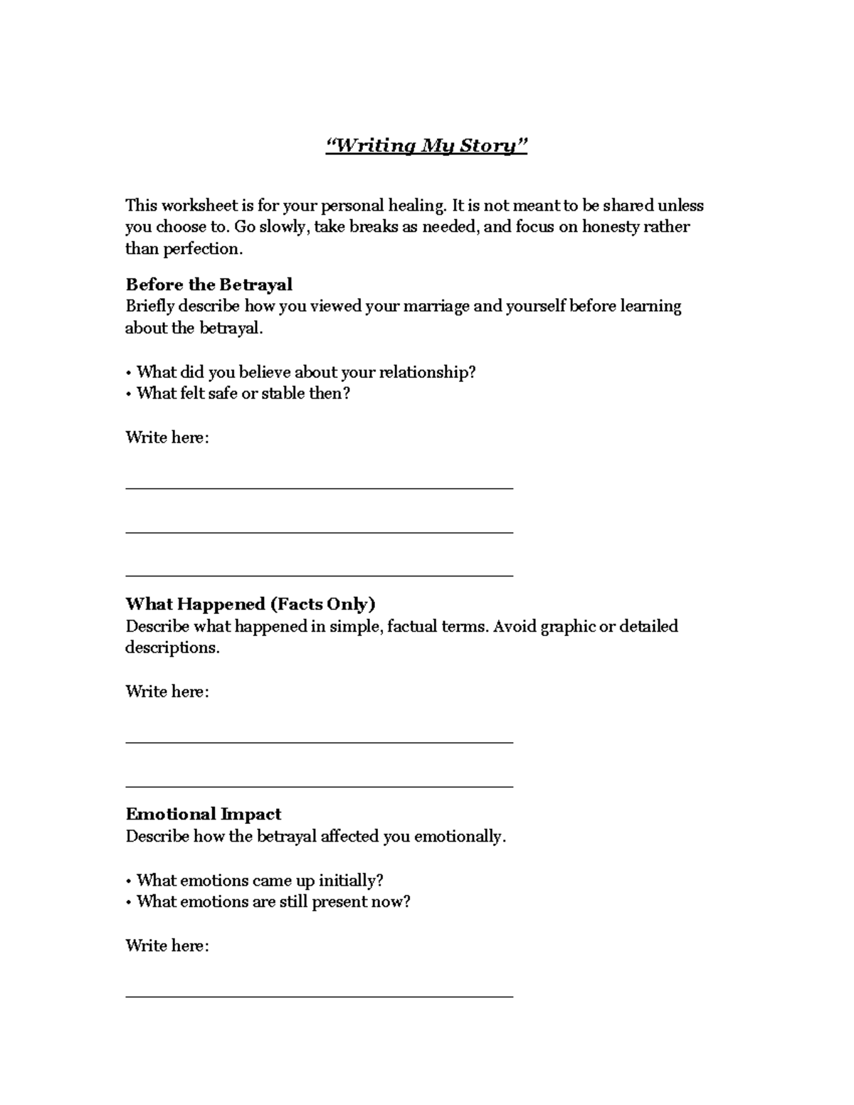 Personal Healing Worksheet: Writing My Story - Studocu