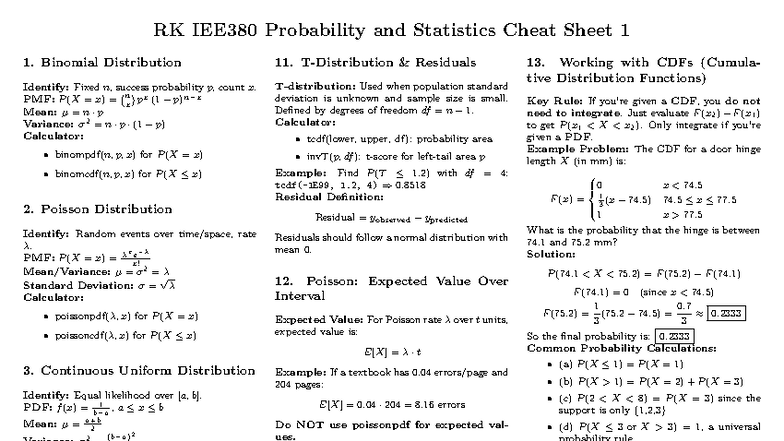 IEE380 Probability and Statistics Cheat Sheet for Exam 1 - Studocu