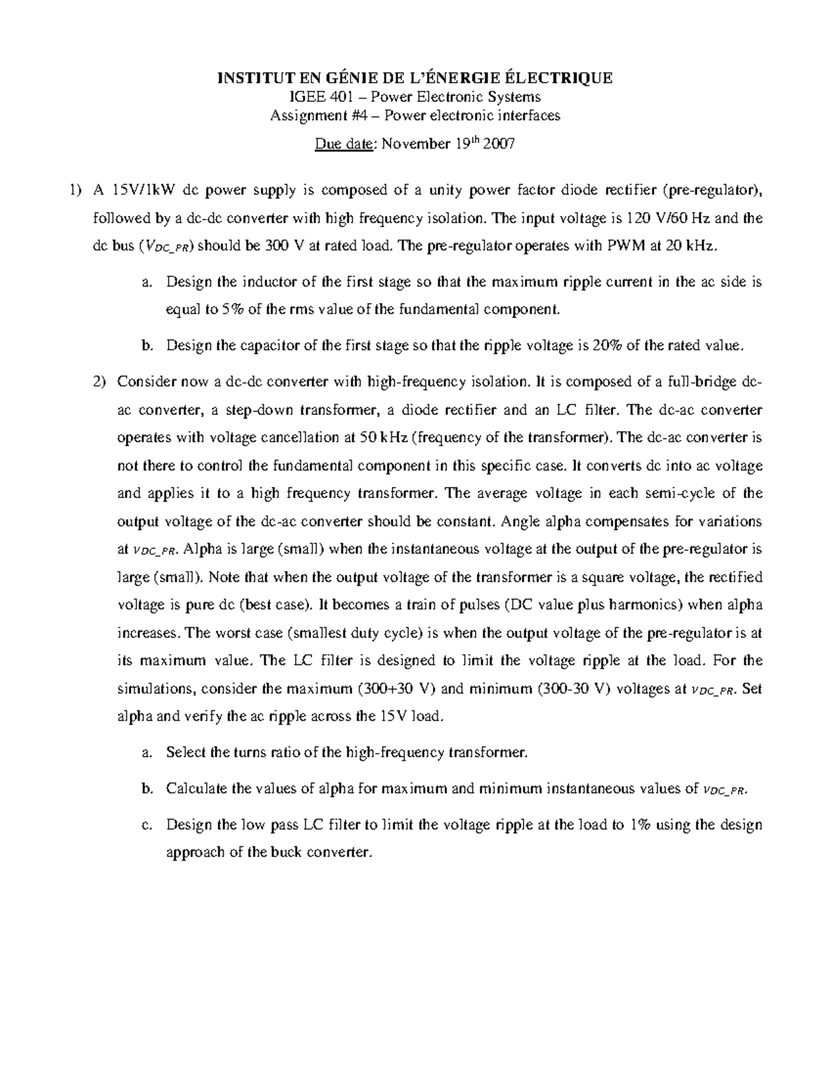 IGEE 401 - Assignment #4: Power Electronics Interfaces and Designs ...