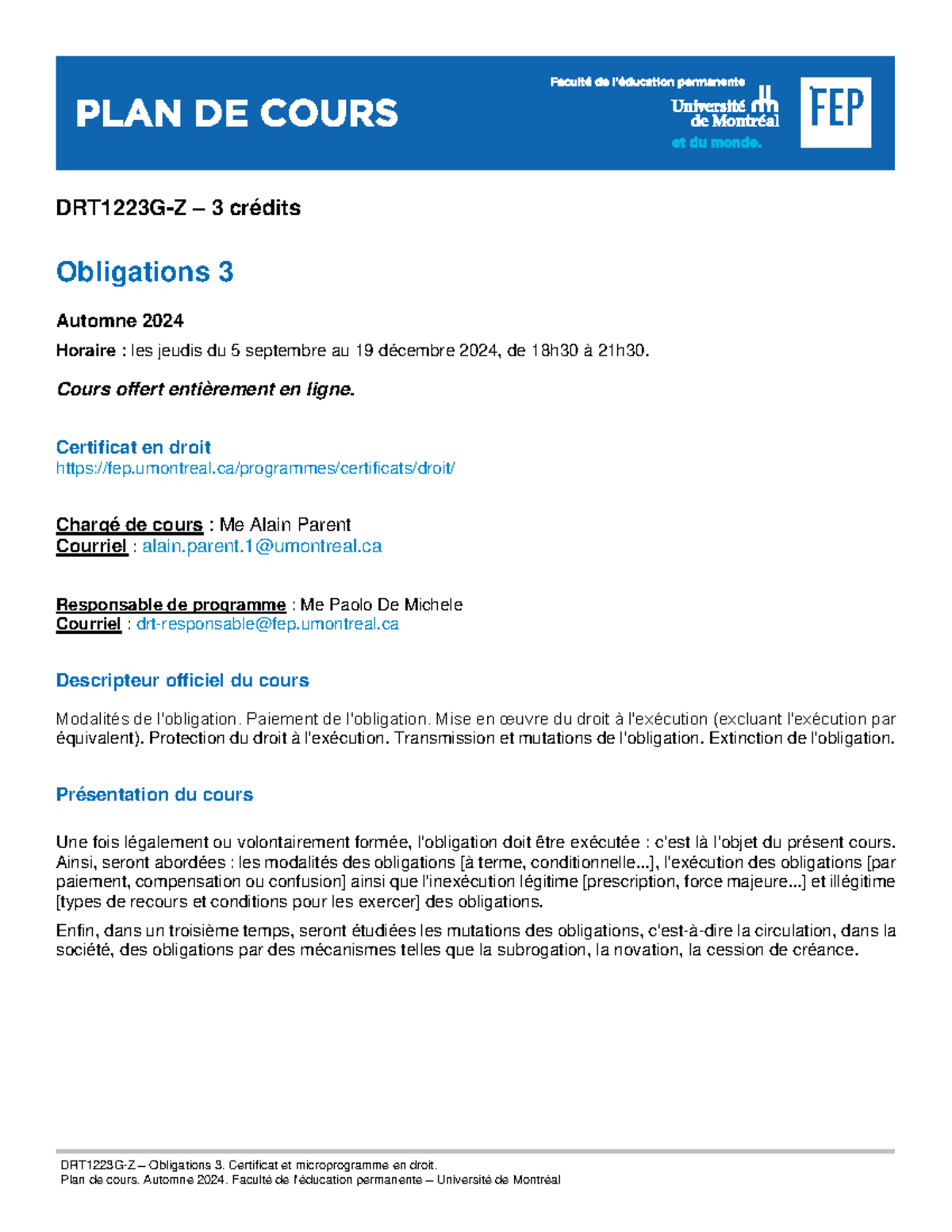 Plan de cours : Obligations 3 - Certificat en Droit Automne 2024 - Studocu