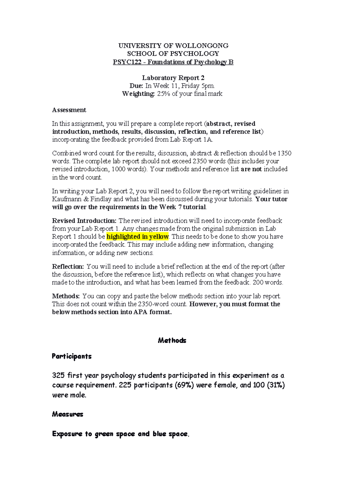 PSYC122 Lab Report B - Foundations of Psychology 2025 - Studocu