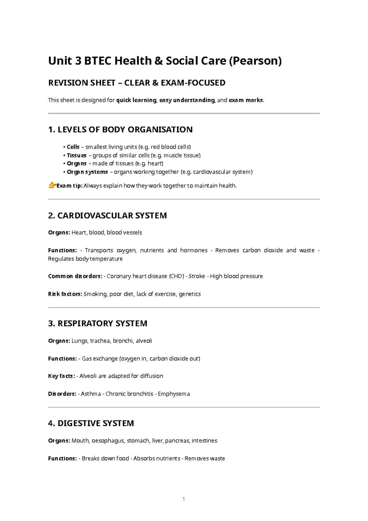 Unit 3 BTEC Health & Social Care - Quick Revision Guide - Studocu