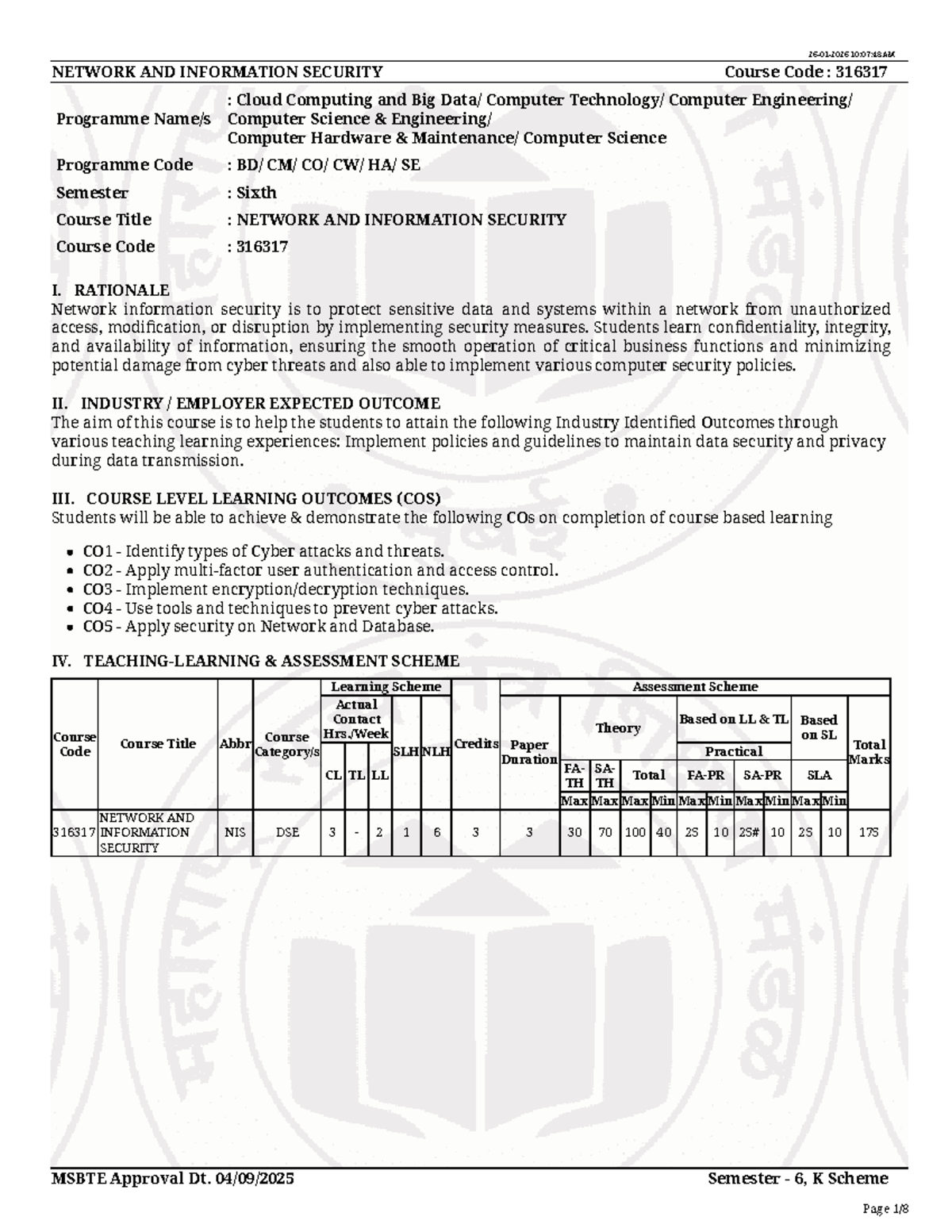 NIS Syllabus: NETWORK AND INFORMATION SECURITY (Course Code: 316317 ...