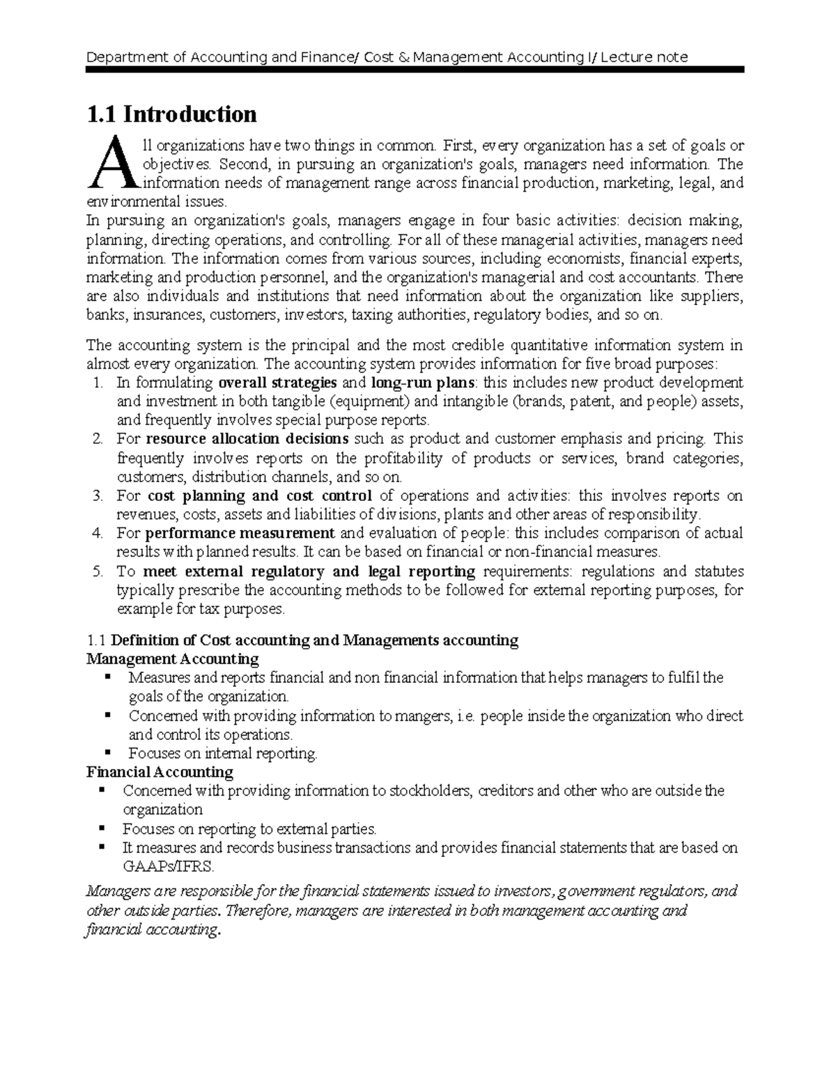 COST I - CH 1: Introduction to Cost and Management Accounting - Studocu