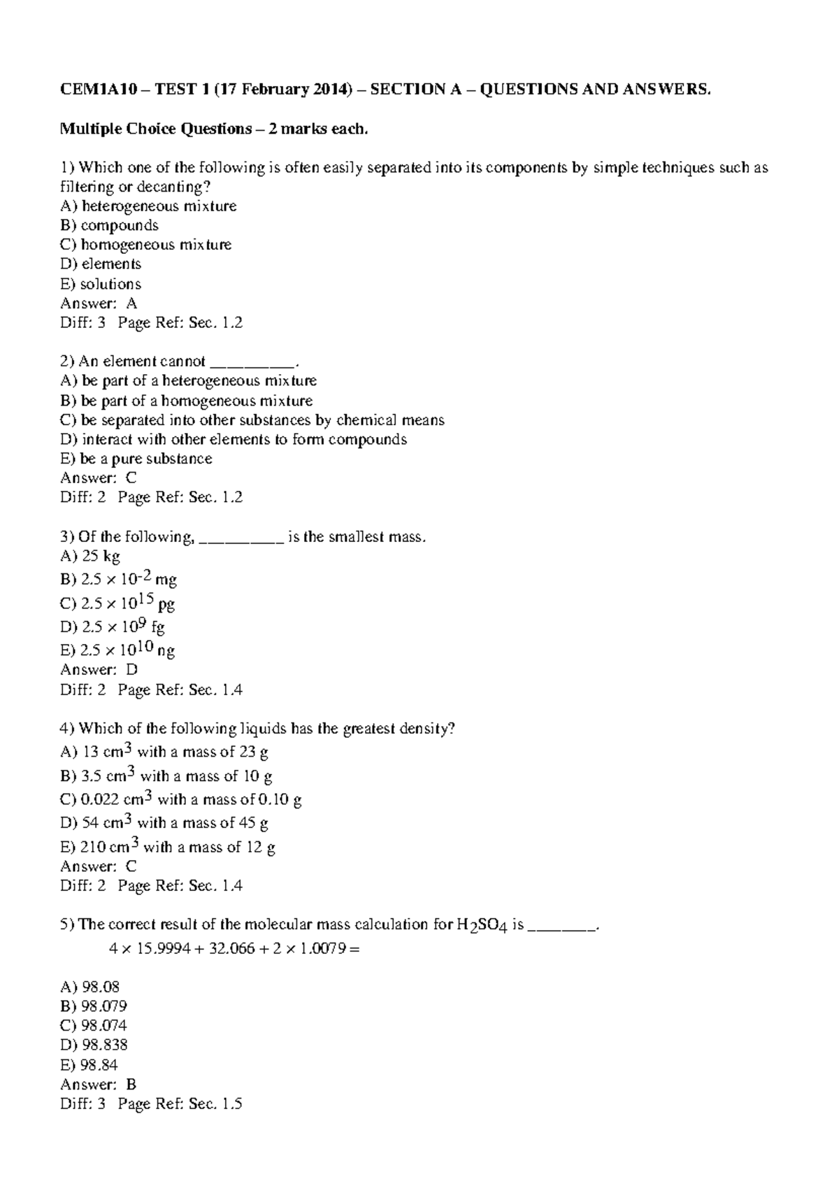 CEM1A10 - 2014 Test 1 Questions and Answers (Feb 17) - Studocu