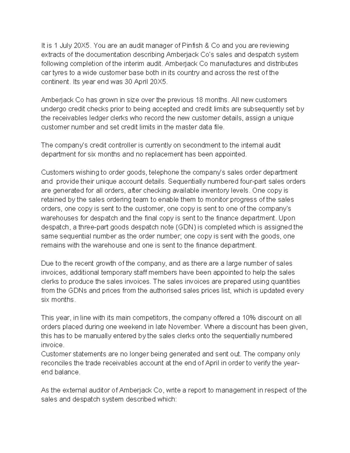 Amberjack Co: Audit Report on Sales & Despatch System Deficiencies ...