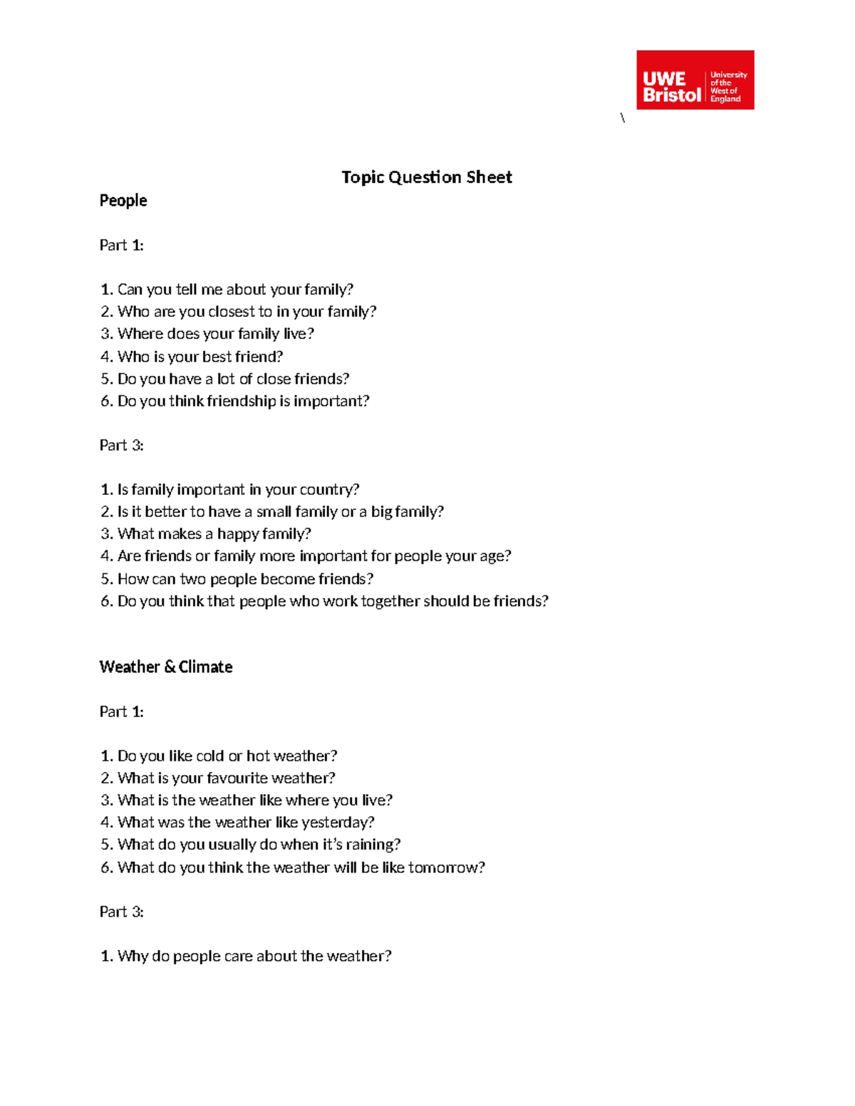 02 Topic Question Sheet: Family, Weather, Lifestyle, Places, Food ...
