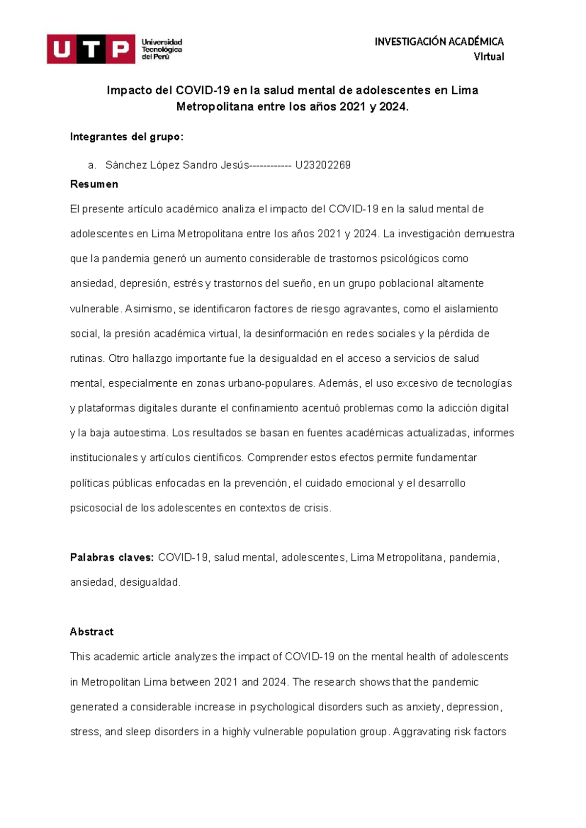 Impacto de la Pandemia en la Salud Mental de Adolescentes en Lima ...