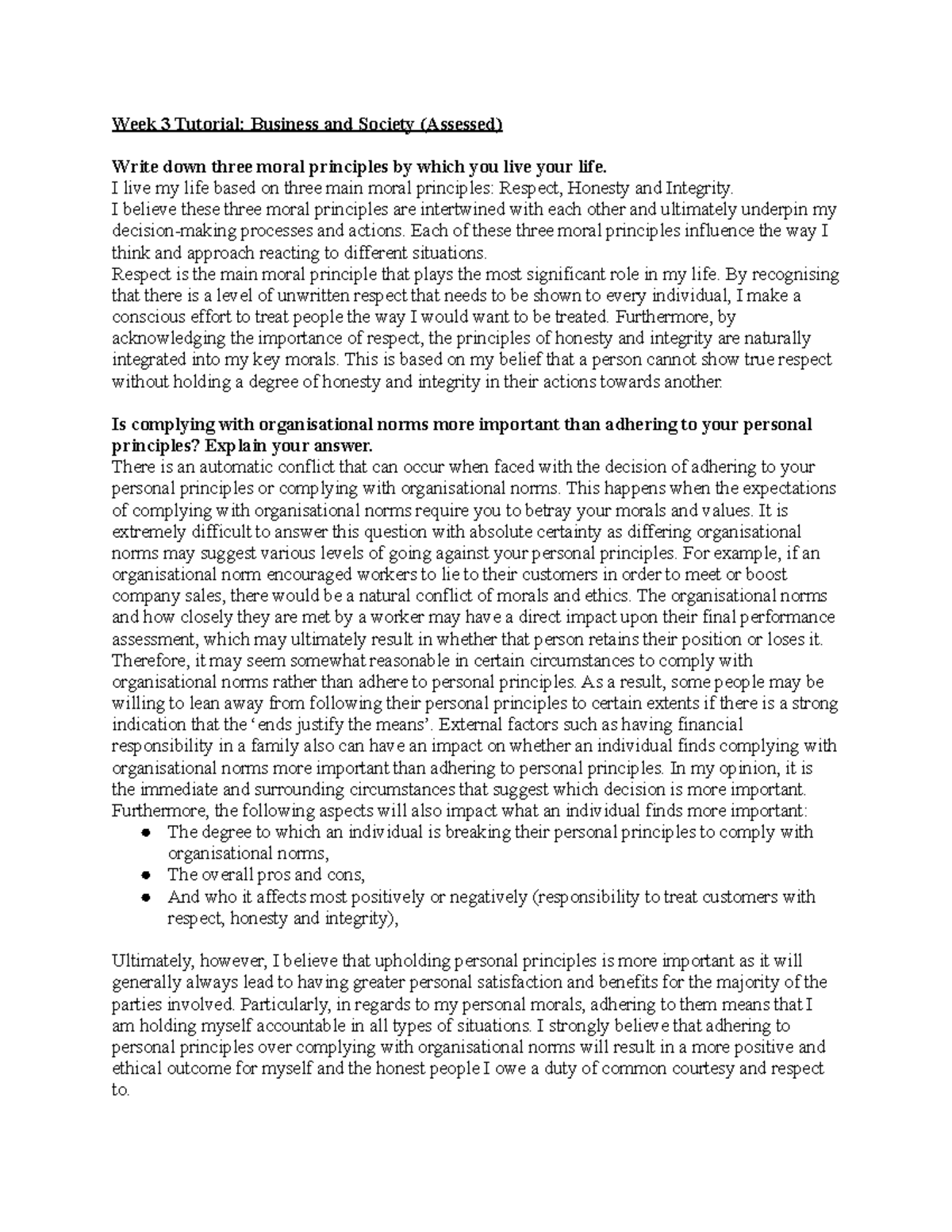 BUS 101 Week 3 Tutorial Questions: Ethics in Business and Society - Studocu