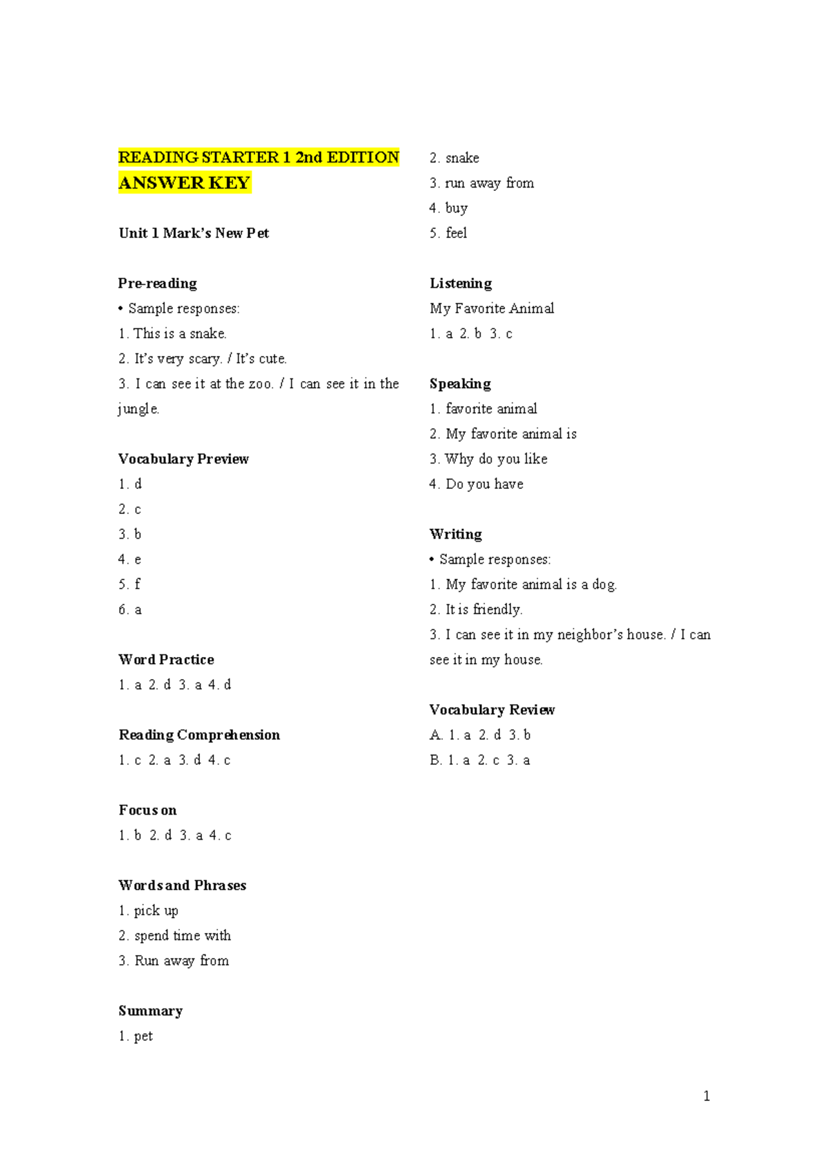 Reading Starter 1 Answer Key Overview and Exercises - Studocu