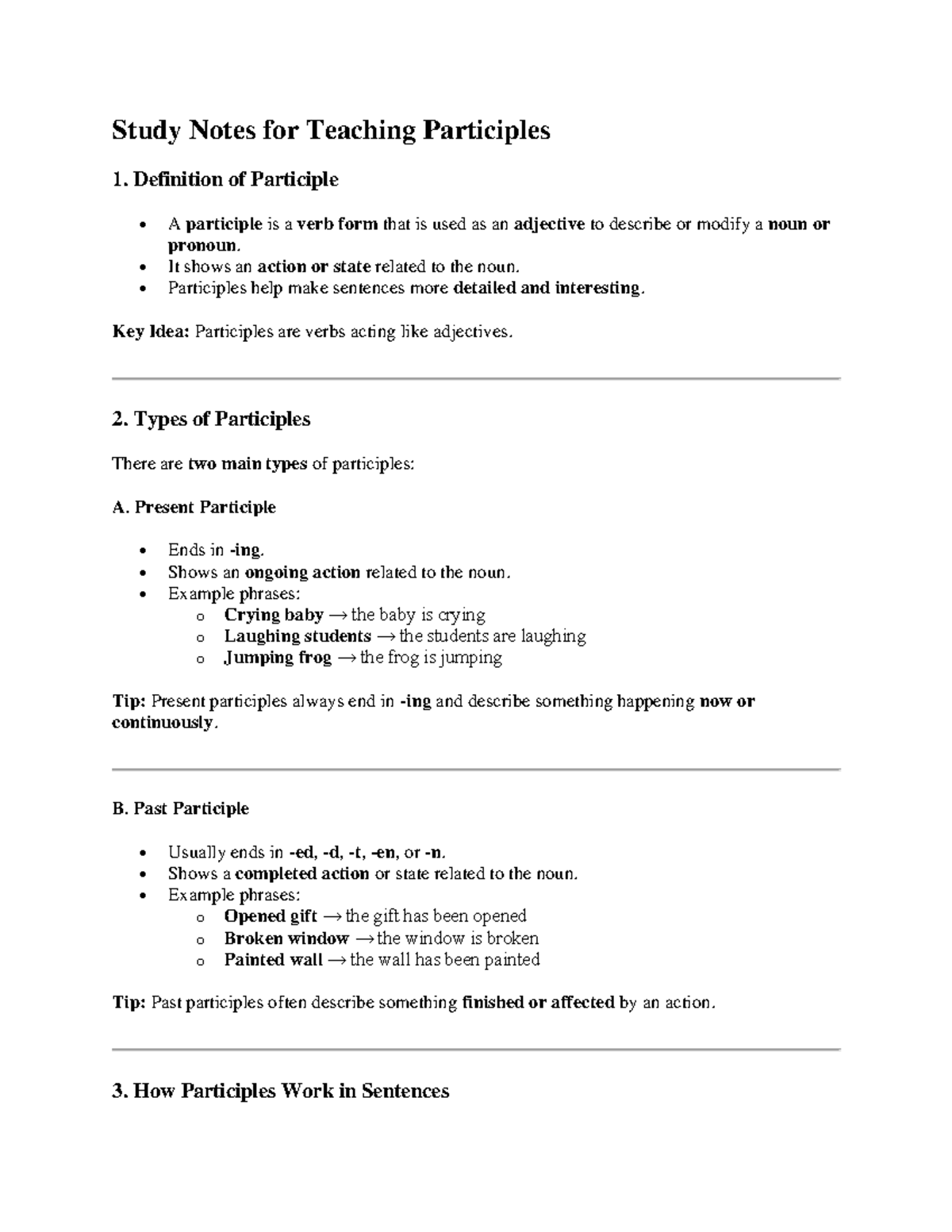 Teaching Participles: Study Notes and Key Concepts - Studocu