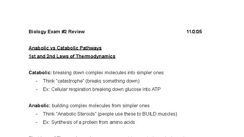 Biology Exam #2 Review: Anabolic & Catabolic Pathways Insights - Studocu